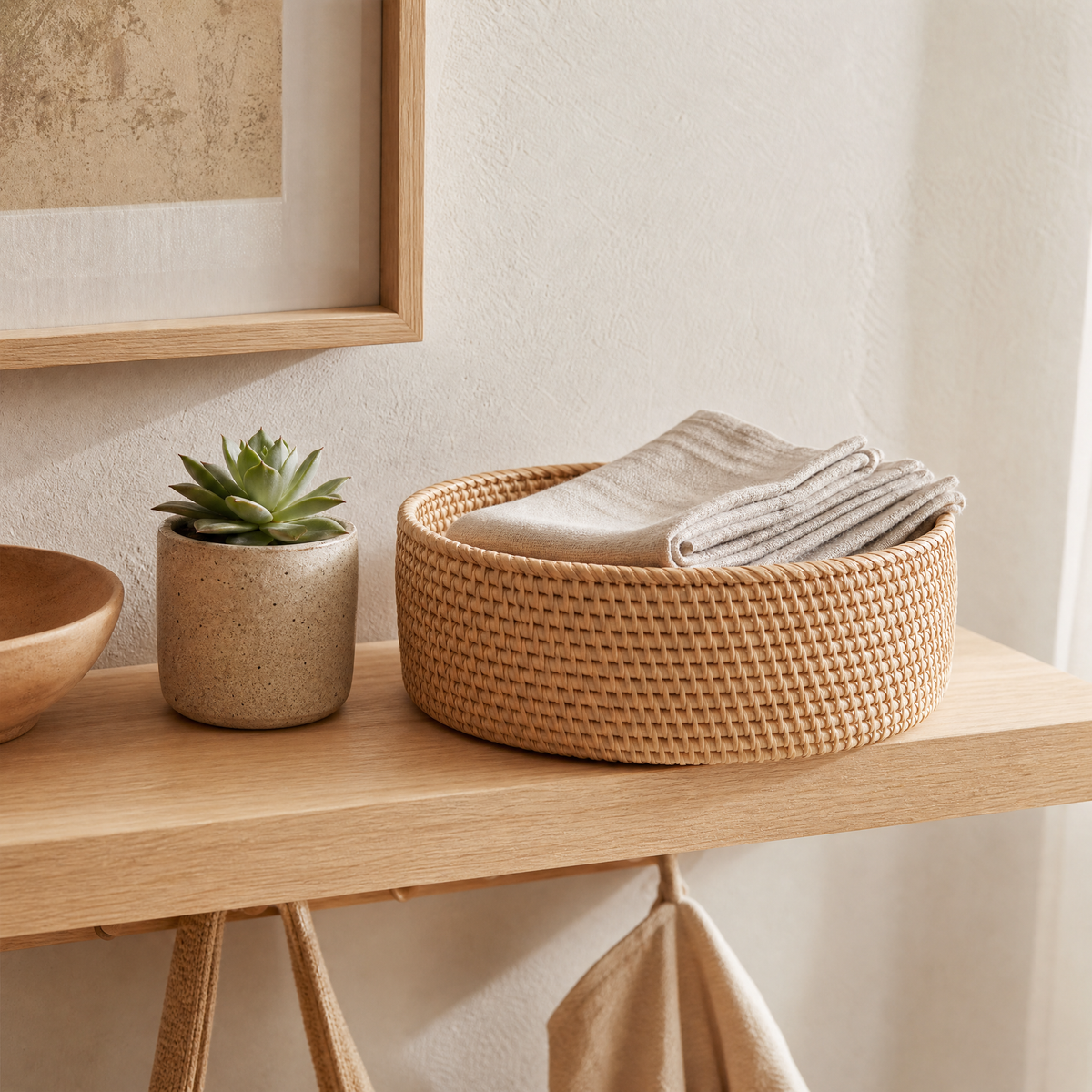 Wicker Basket Bruno styled on a floating shelf with folded linens and a succulent