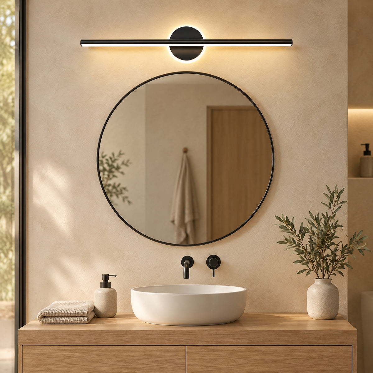 Vanity Light Erik in black above a round bathroom mirror