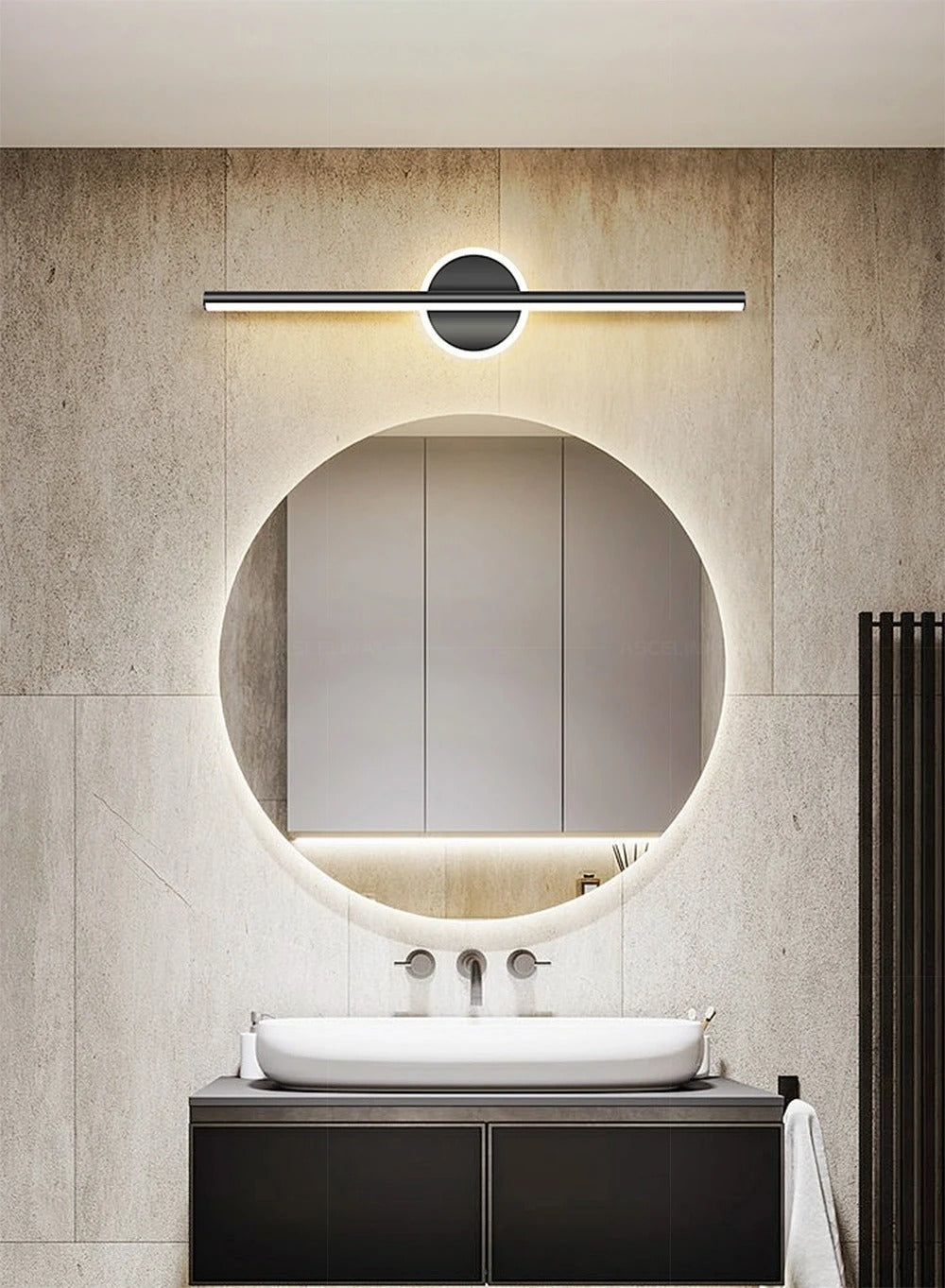 Vanity Light Erik above an illuminated bathroom mirror