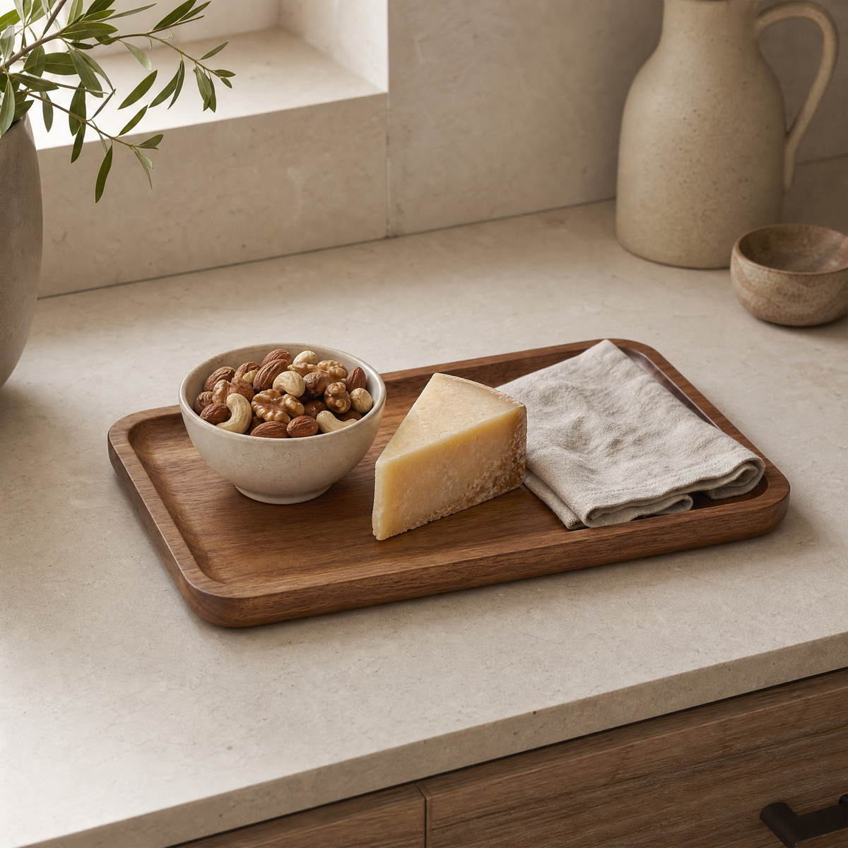 Wooden Tray Oliver on a kitchen counter with mixed nuts, cheese, and a linen napkin