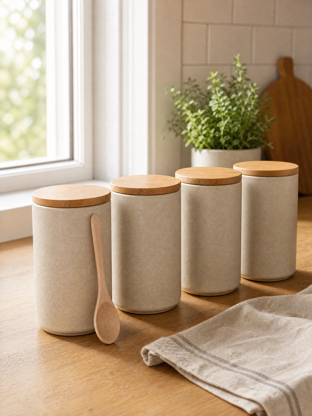 Storage Jars Vojtech - stoneware canisters with bamboo lids on a warm kitchen counter
