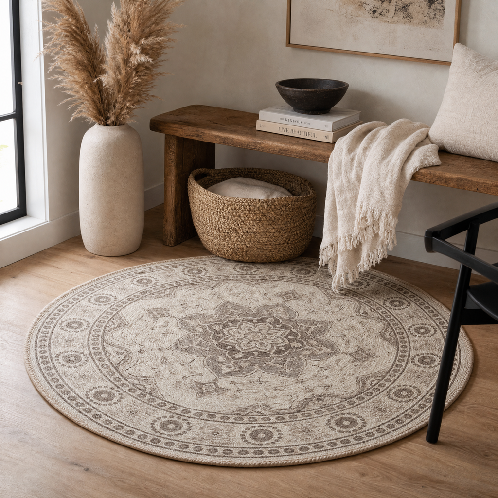 Round Rug Roman in a warm Scandinavian reading nook with a wooden bench and woven basket