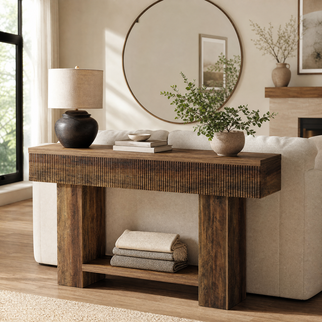 Console Table Martin behind a linen sofa in a warm living room