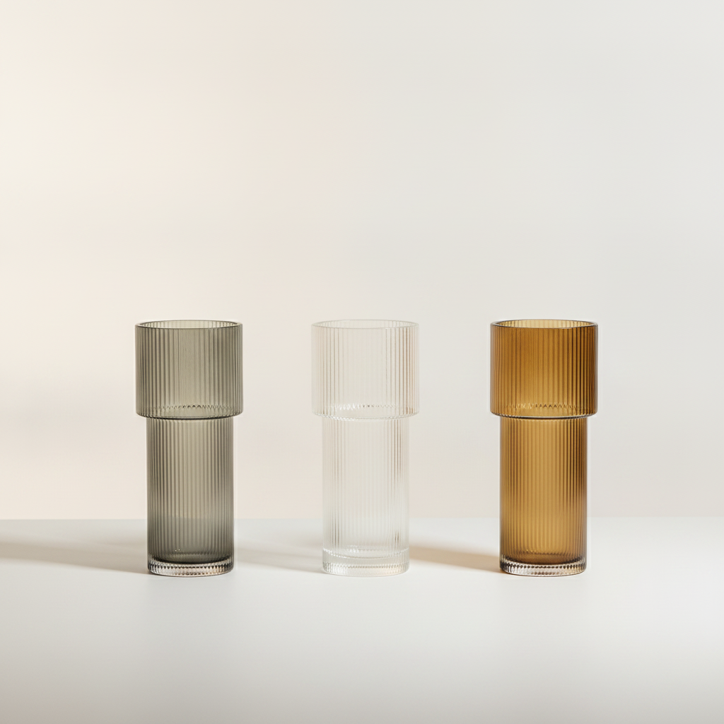 Nora ribbed glass vase in Gray, Clear and Amber colorways on a studio background
