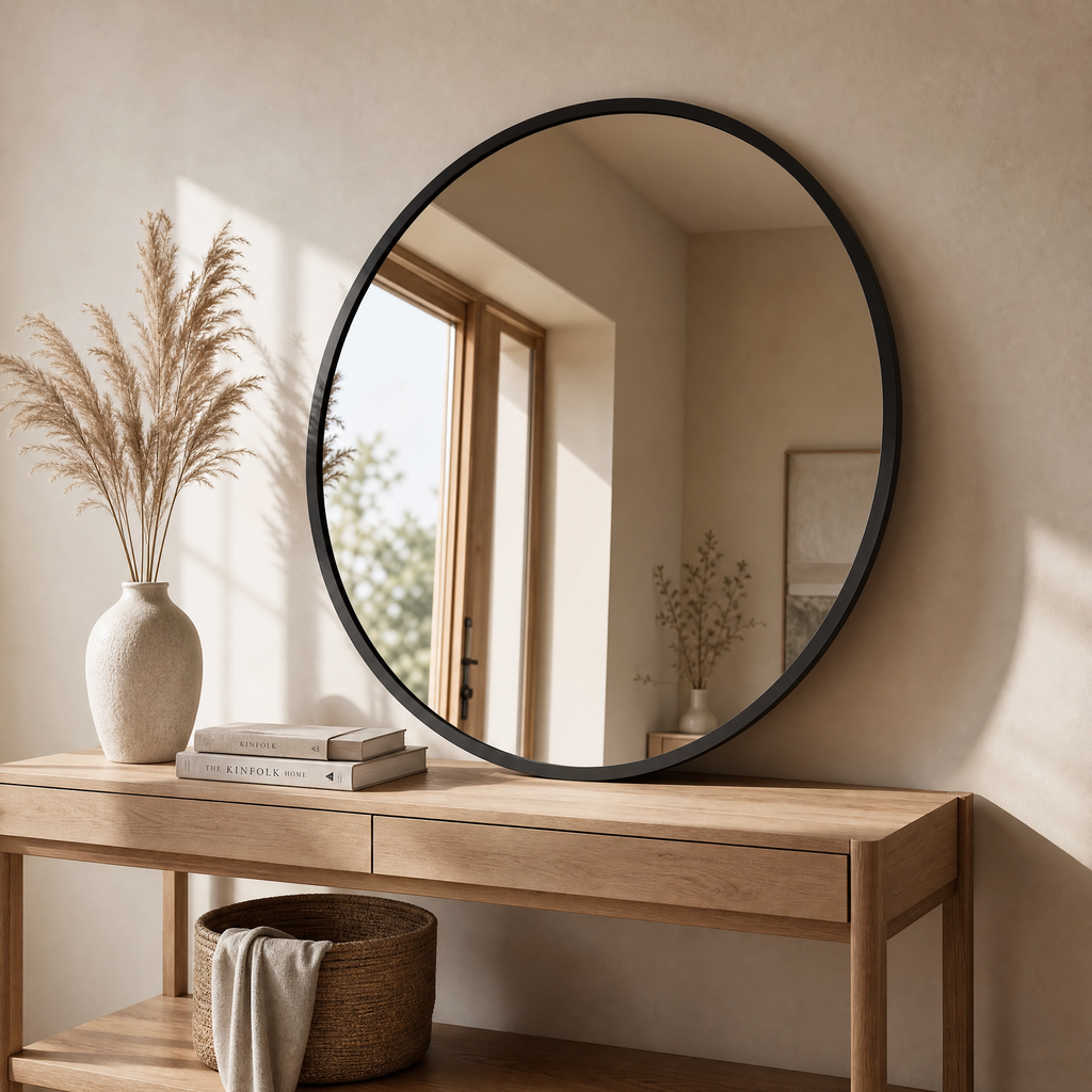 Wall Mirror Adela hung above a wooden console table with a pampas grass vase and books