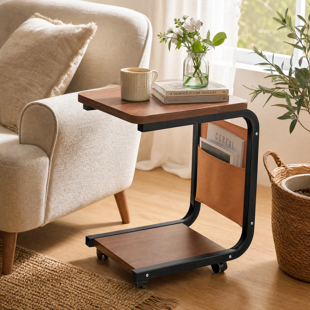 Side Table Igor styled in a cozy reading nook with a woven basket and plant