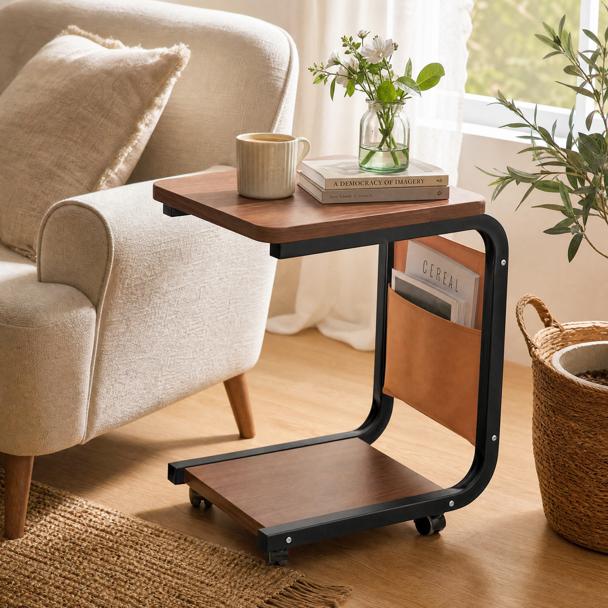 Side Table Igor styled in a cozy reading nook with a woven basket and plant