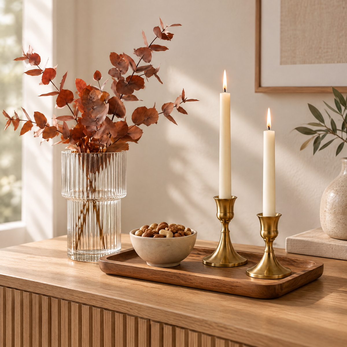 First Home Gift Set styled on a console with a glass vase, stone bowl, and brass candlestick holders