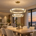 Chandelier Gabriela double crystal ring above a dining table
