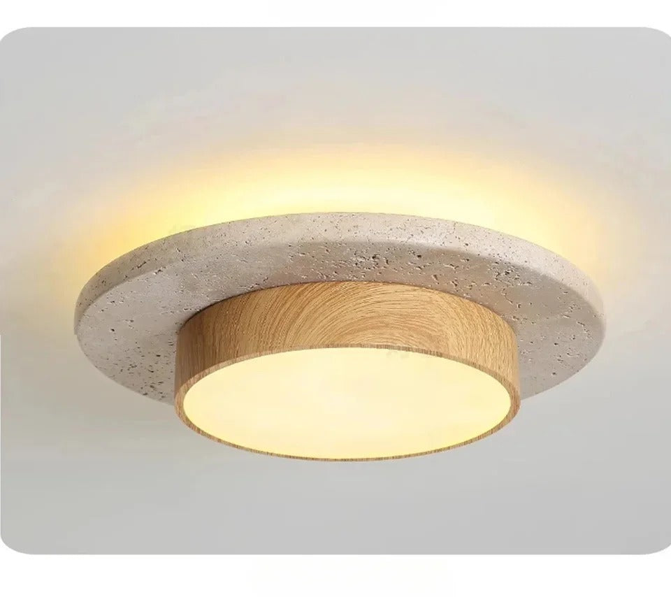 Ceiling Light Hana travertine disc with wood ring, lit
