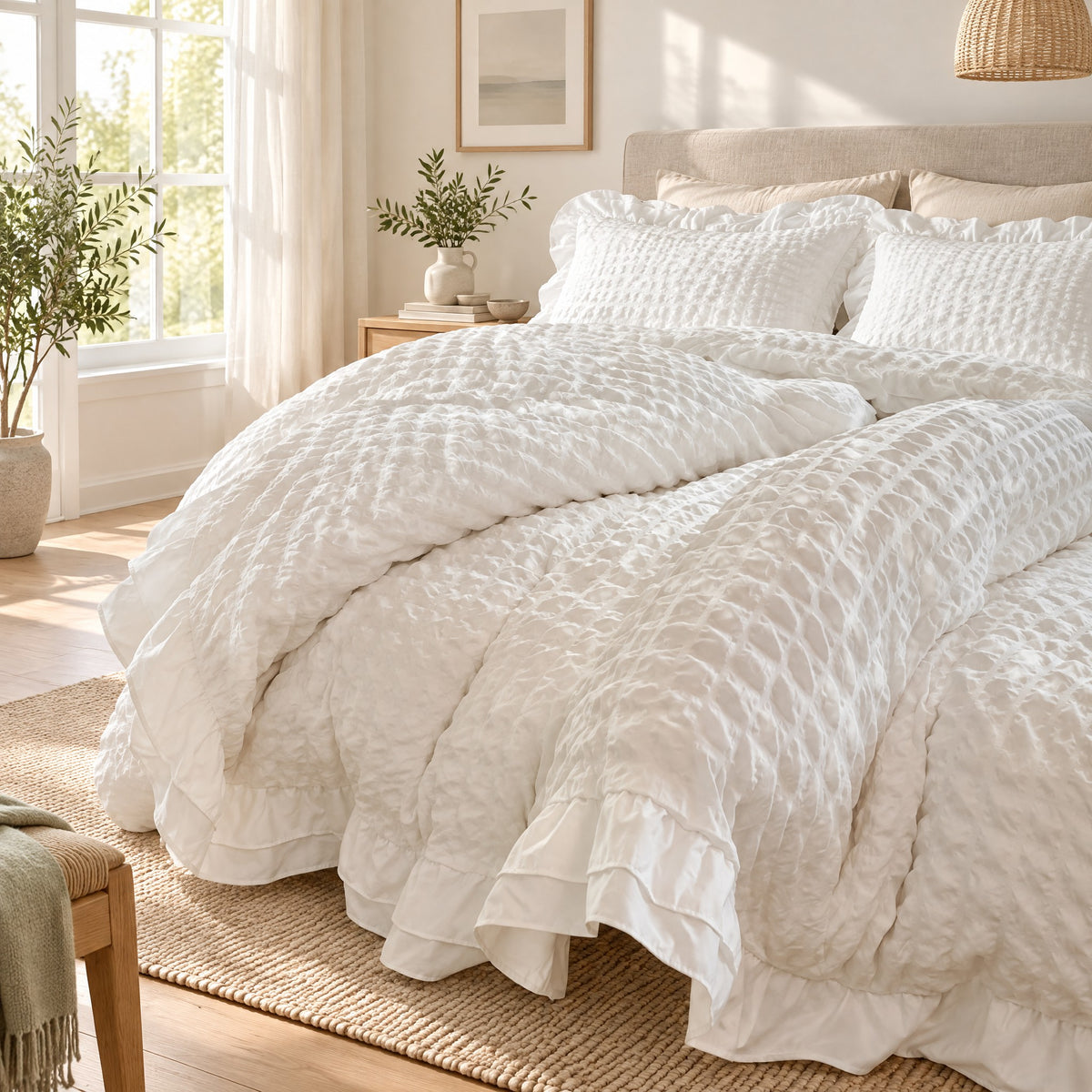 Duvet Cover Set Hana in white seersucker with ruffle edge on a bed in a calm Scandinavian bedroom