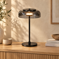 Table Lamp Barbora in Black Lampshade variant — smoked black glass dome on matte black metal stem and base