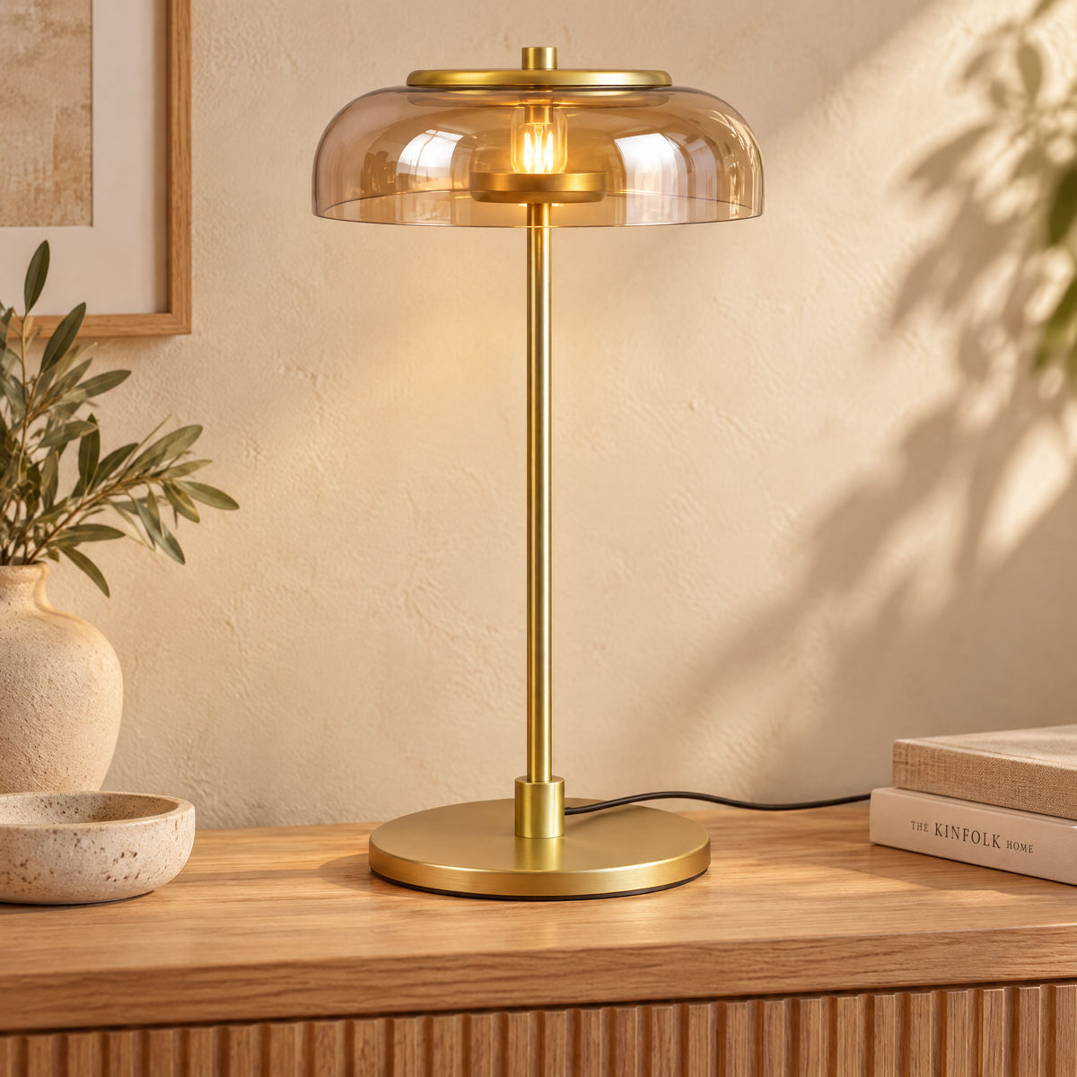 Table Lamp Barbora in Amber Lampshade variant — amber glass dome on brushed brass-gold metal stem and base