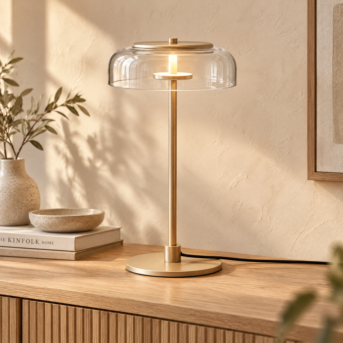 Table Lamp Barbora in Transparent Lampshade variant — clear glass dome on brushed champagne-gold metal stem and base