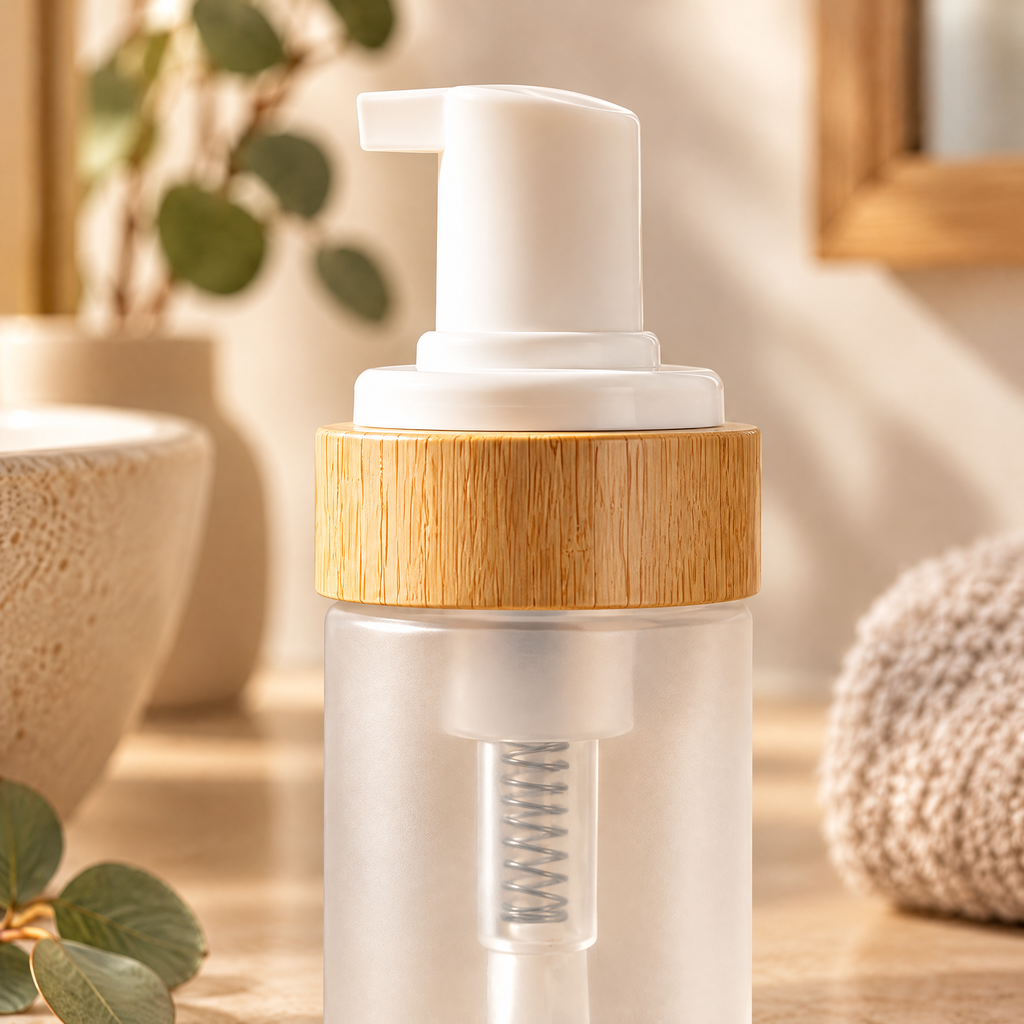 Dispenser Nela — bamboo pump collar close-up