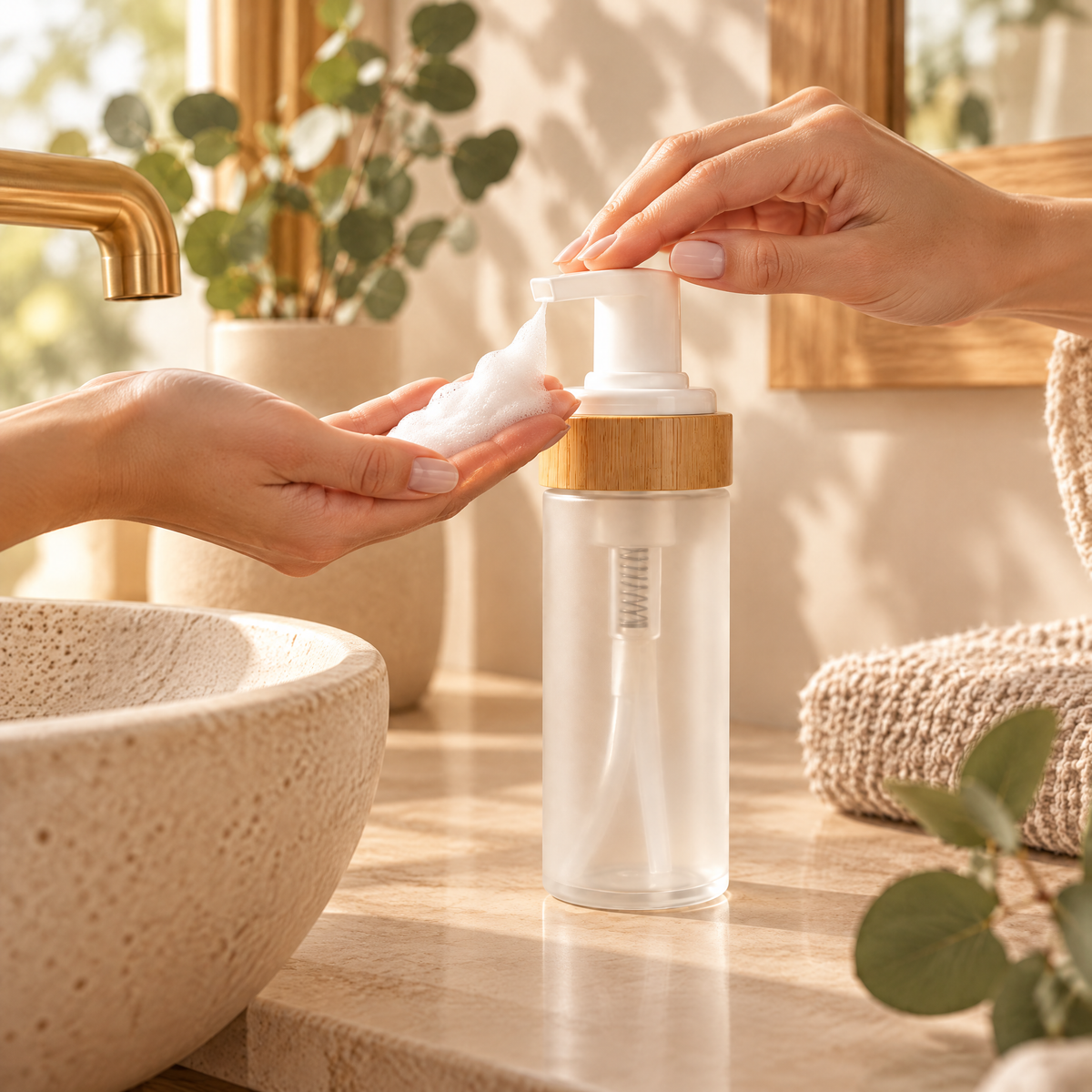 Dispenser Nela in use — pressing the bamboo pump to foam soap into a hand at a warm bathroom sink