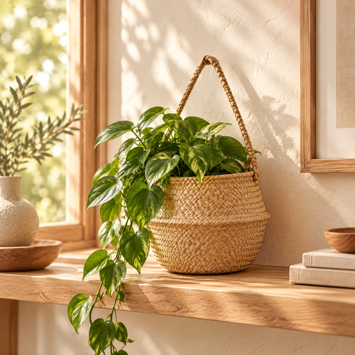 Basket Viera — 22cm size styled on a sunlit windowsill with a trailing plant