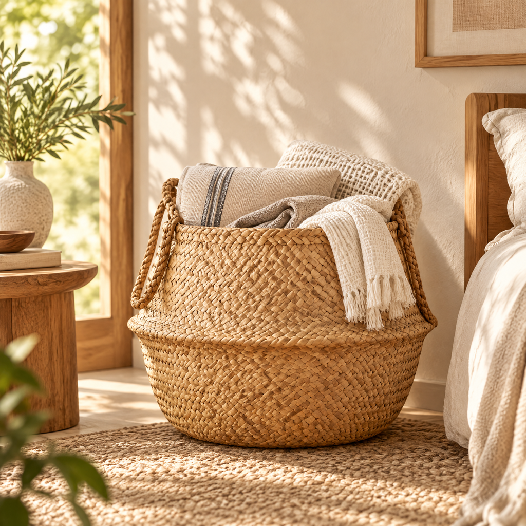 Basket Viera — 45cm XXL size holding folded linens beside a bed