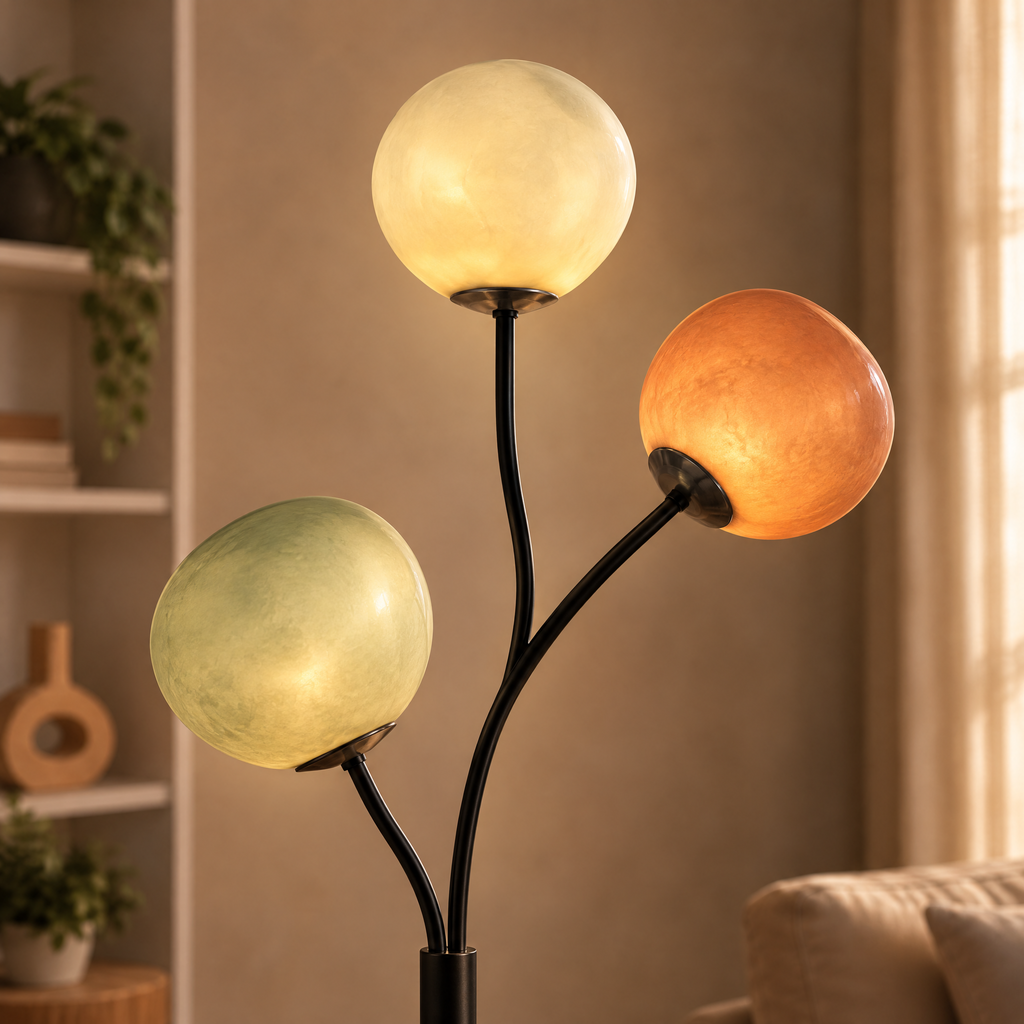 Close-up of Floor Lamp Denis's three glass globe shades in cream, ivory and terracotta glowing warmly on its black branching stem