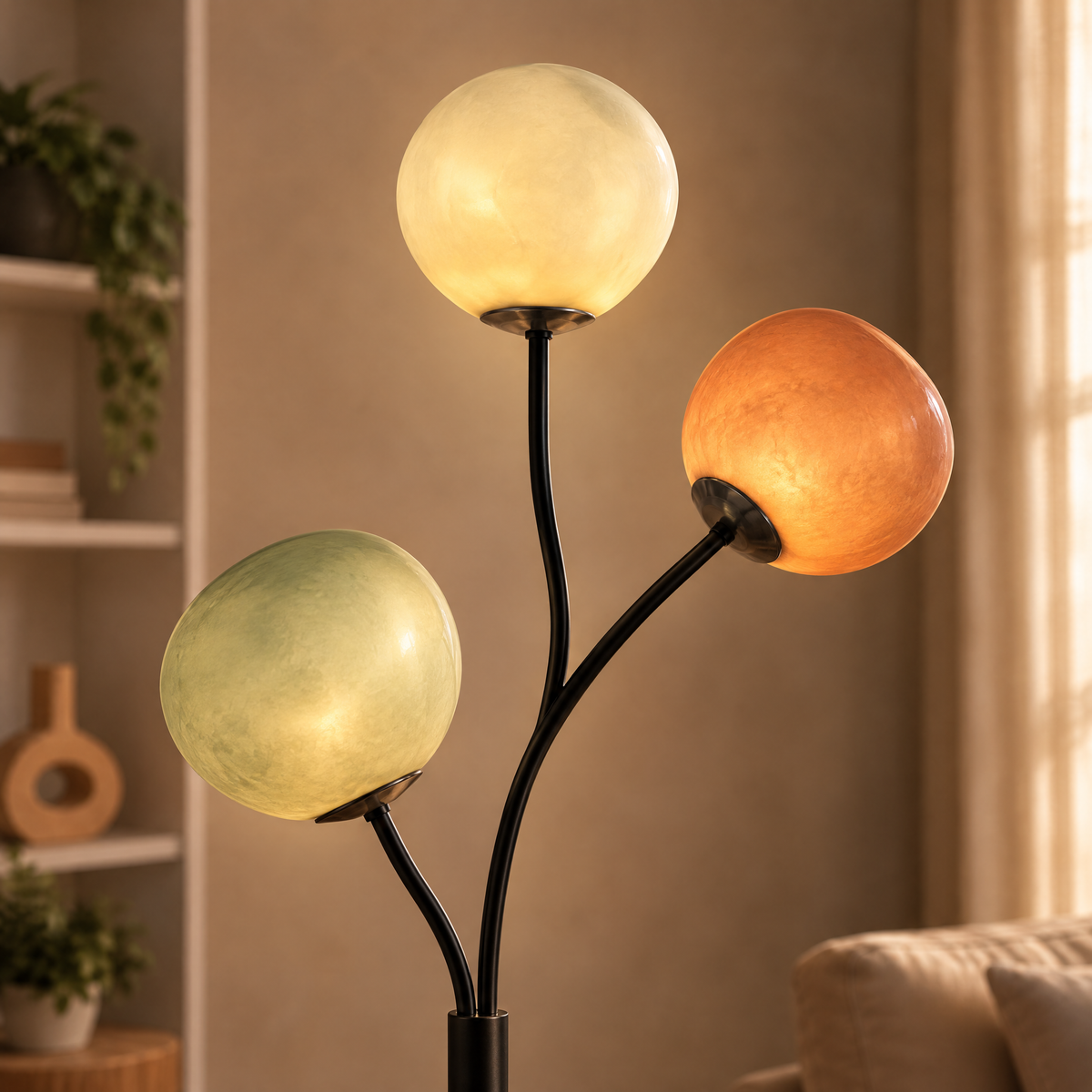 Close-up of Floor Lamp Denis's three glass globe shades in cream, ivory and terracotta glowing warmly on its black branching stem