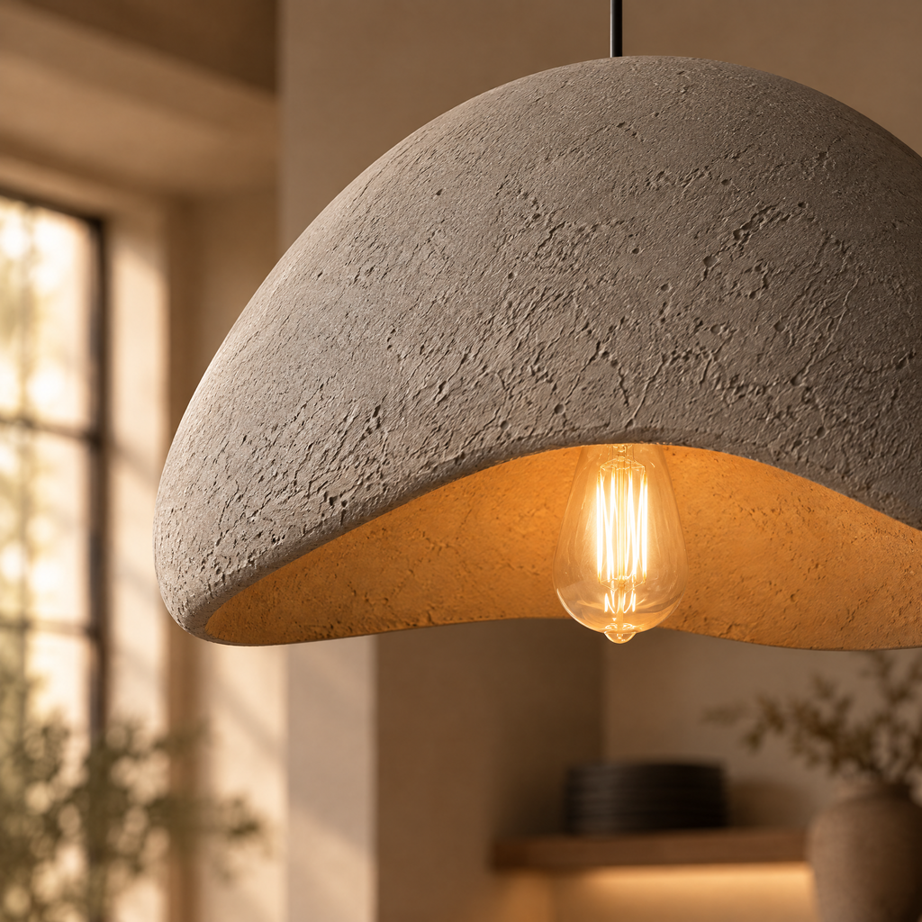 Close-up of Chandelier Adrian's rough cement-textured dome shade glowing warmly from within