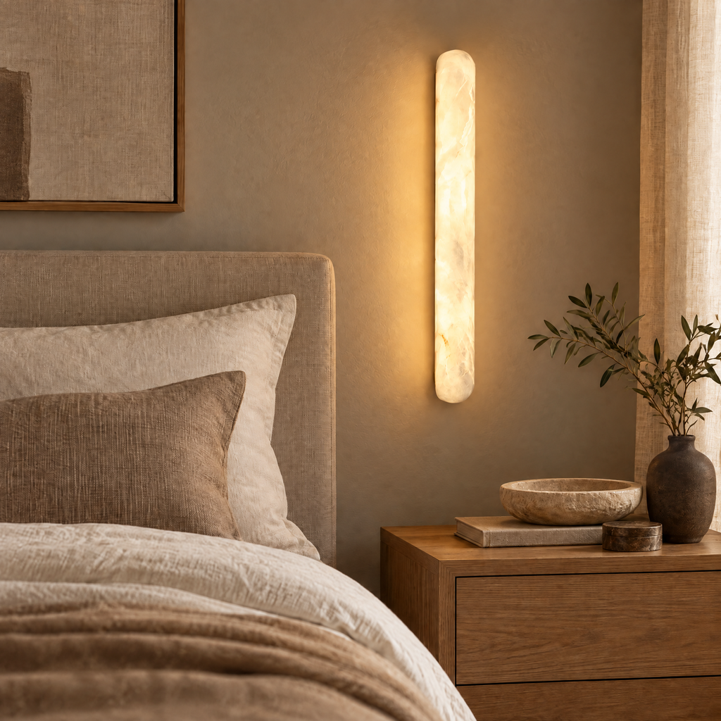 Wall Sconce Alexandra mounted above a bedside table, its natural marble glowing warmly in the evening