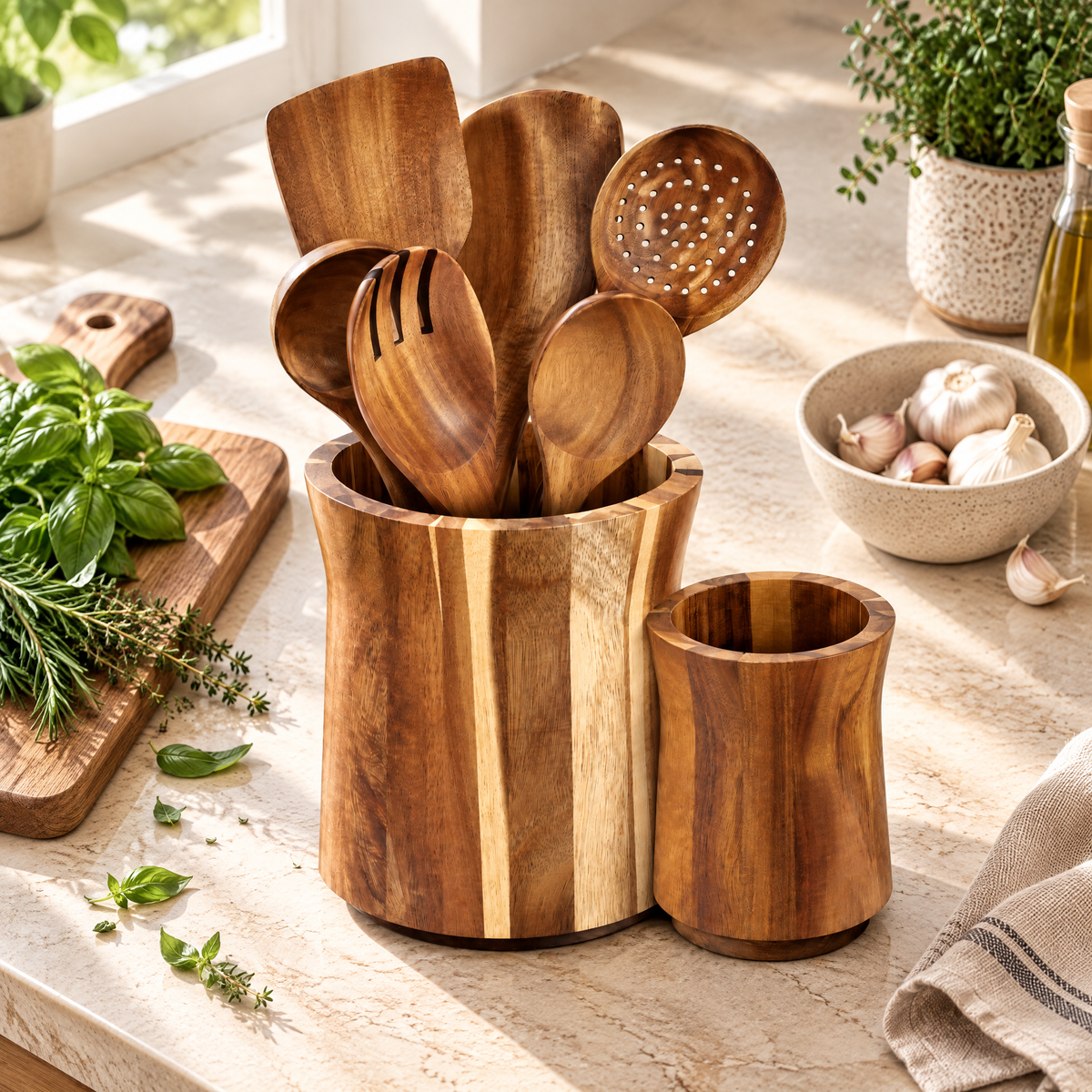 Utensil Holder Samuel — acacia wood caddy and cup styled with fresh herbs and garlic on the counter