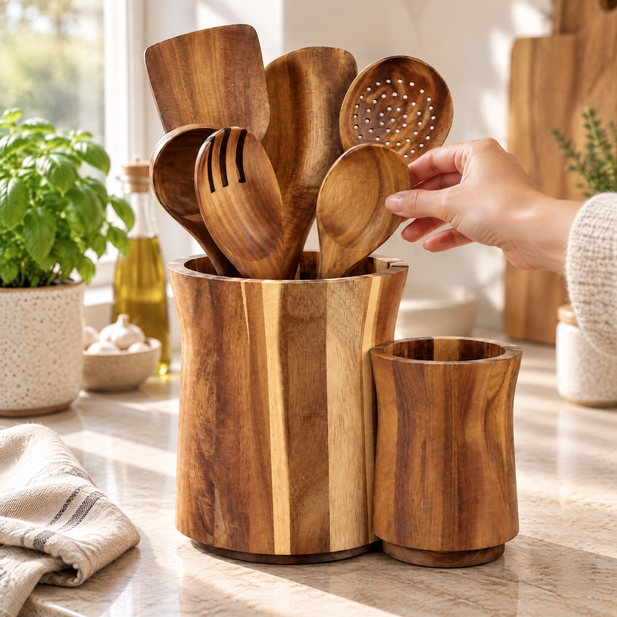 Utensil Holder Samuel — reaching for a wooden spoon in the rotating acacia caddy