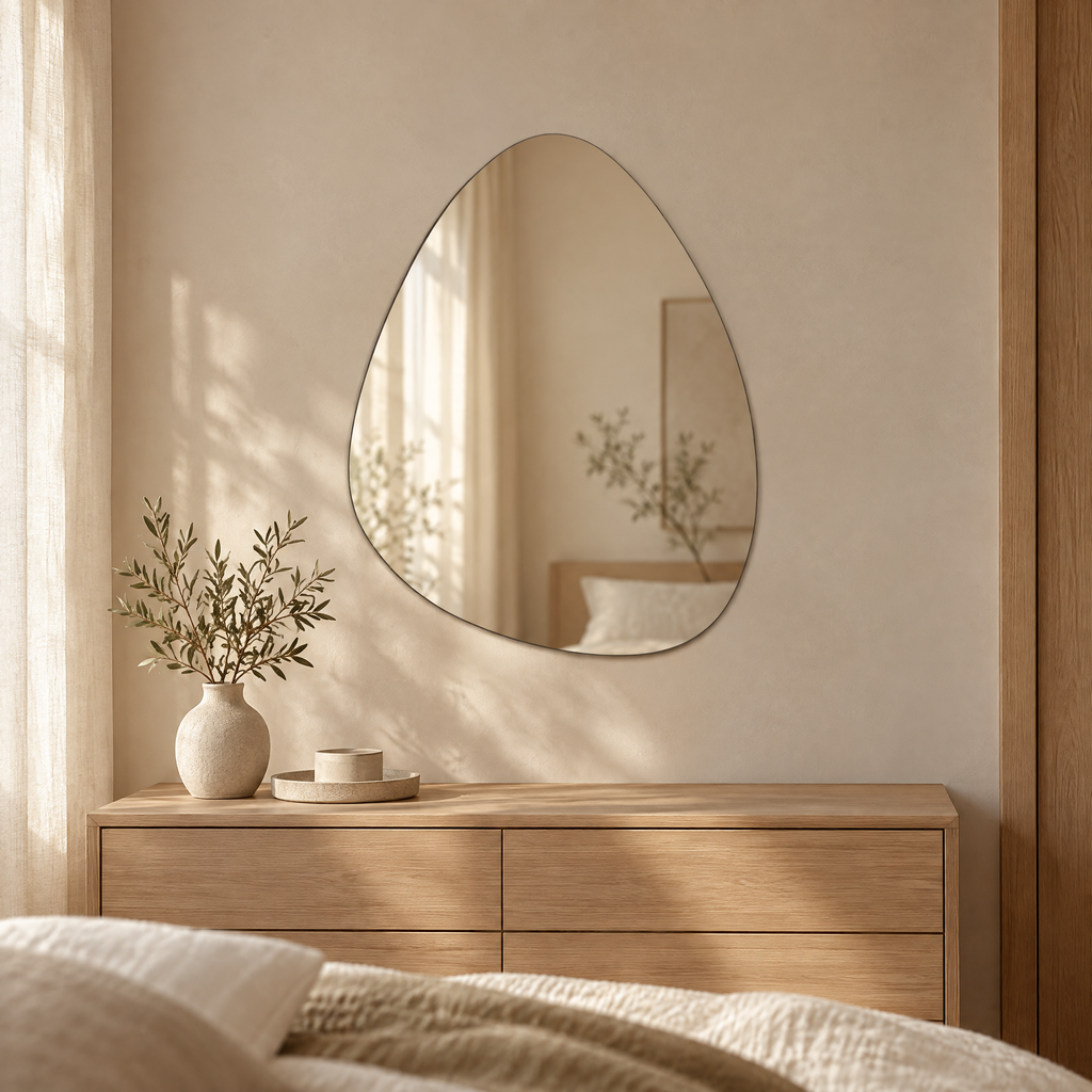 Wall Mirror Bibiana teardrop-shaped mirror above a bed