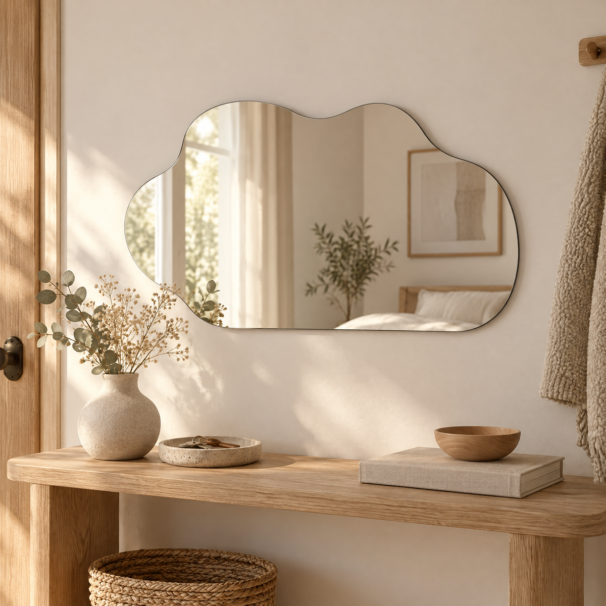 Wall Mirror Radovan cloud-shaped mirror above a staircase console
