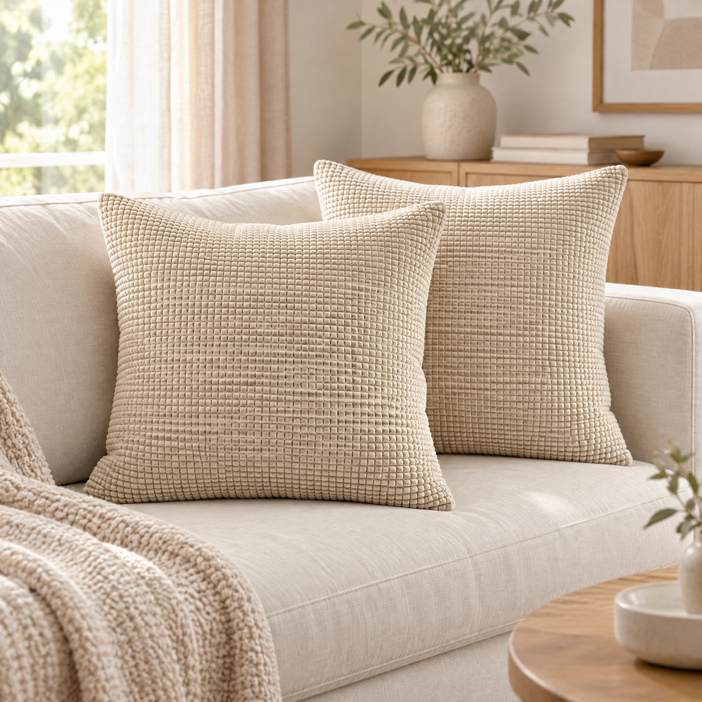 Radka cushion covers in beige on a cream sofa