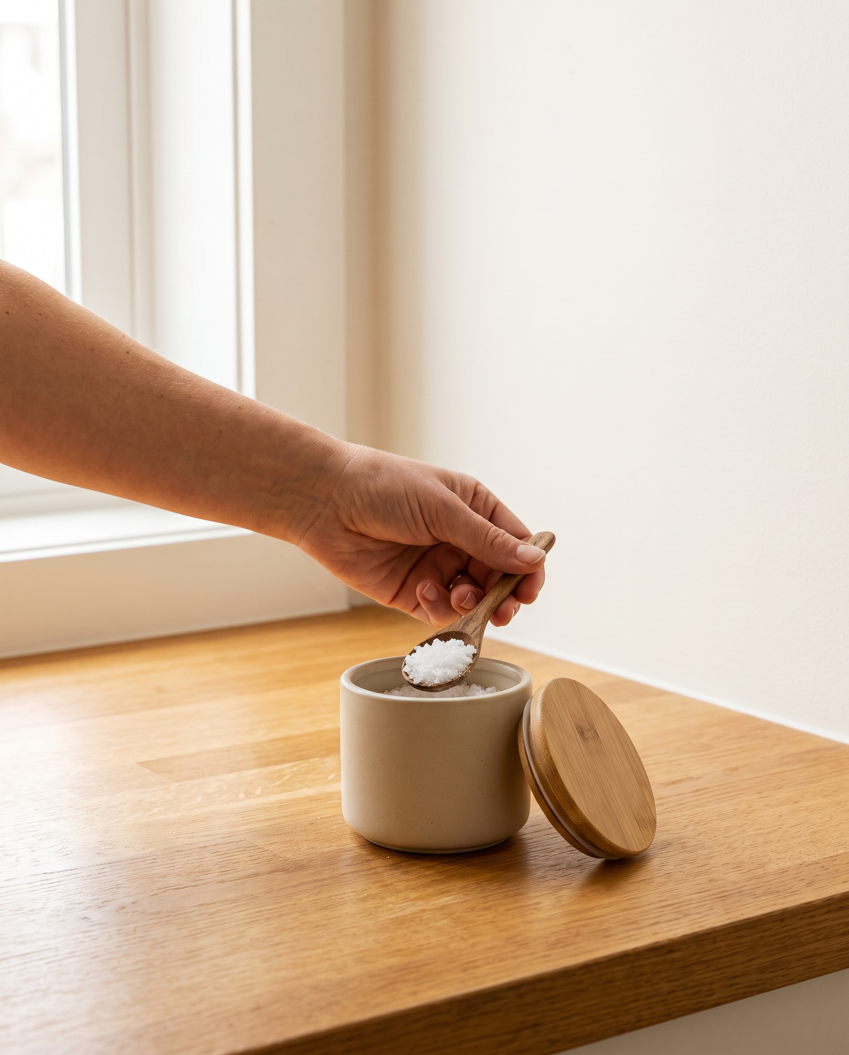 Adult hand holding a Lipa ceramic jar to show real size scale
