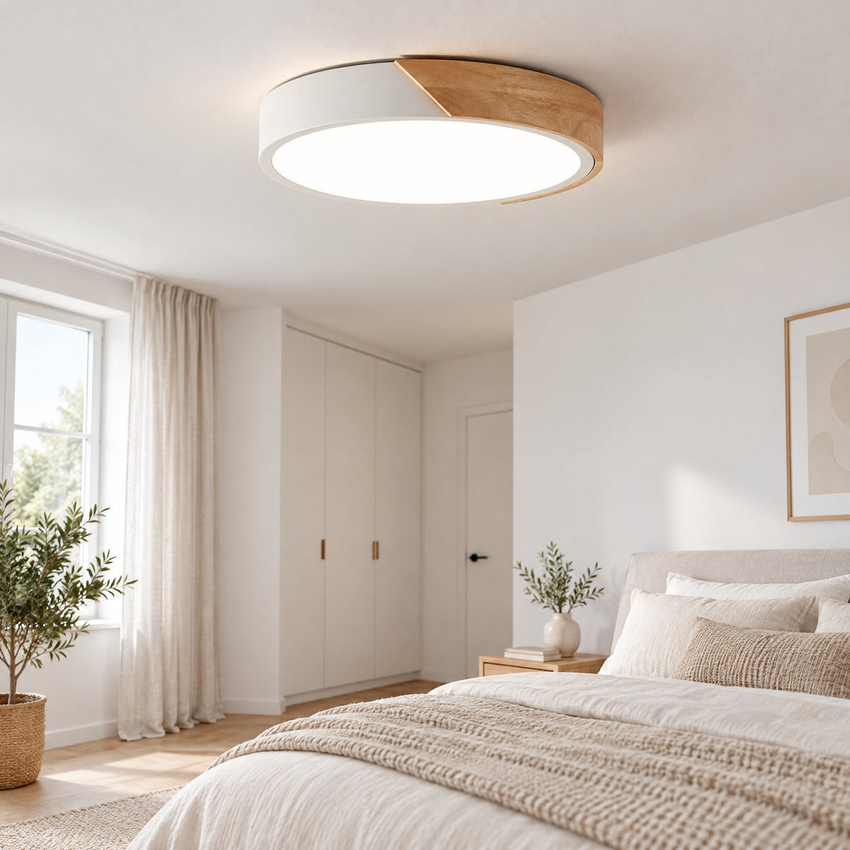 Ceiling Light Juraj in white with natural wood rim in a Scandinavian bedroom