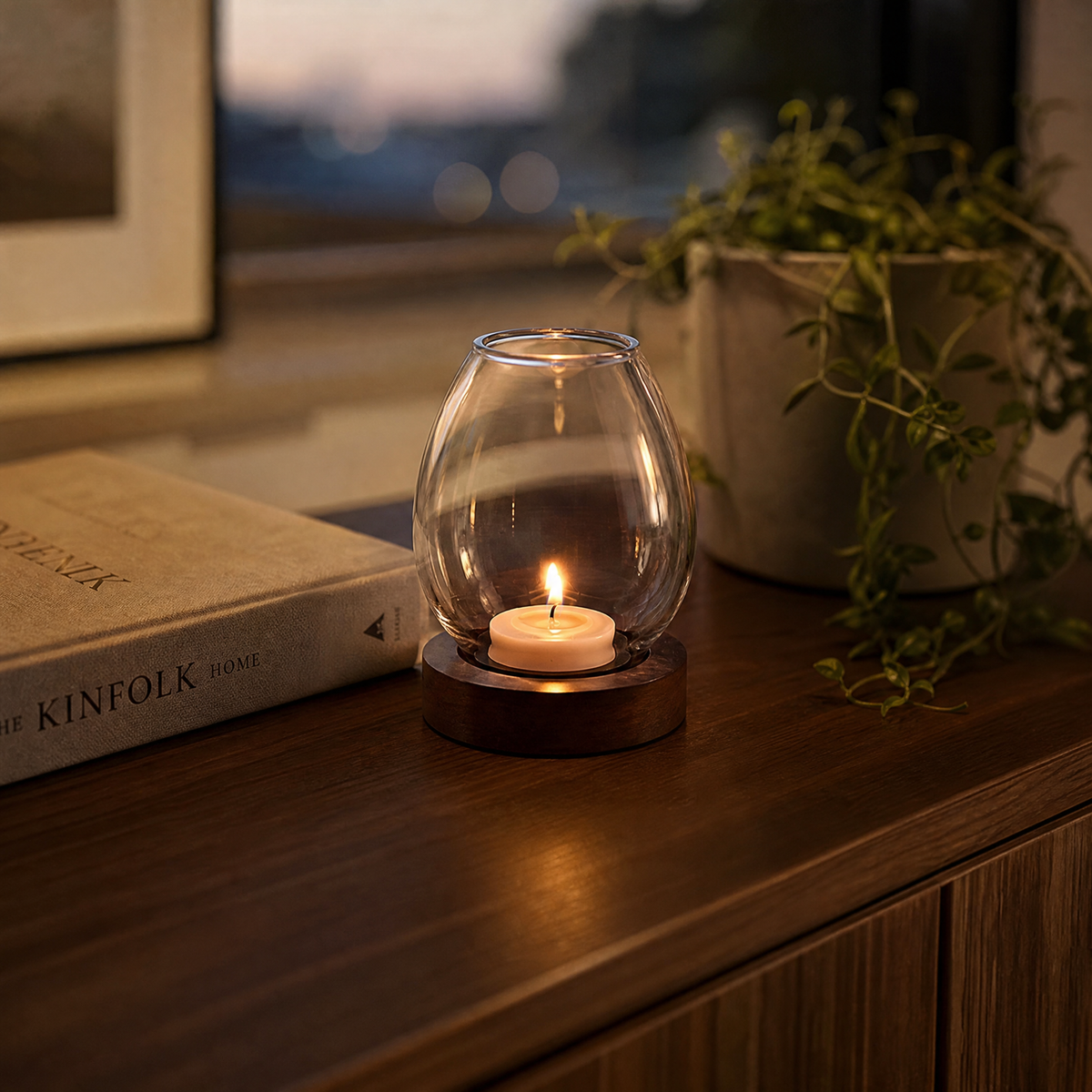 Candle Holder Kevin glass dome lit with a warm tealight on a walnut console table at dusk
