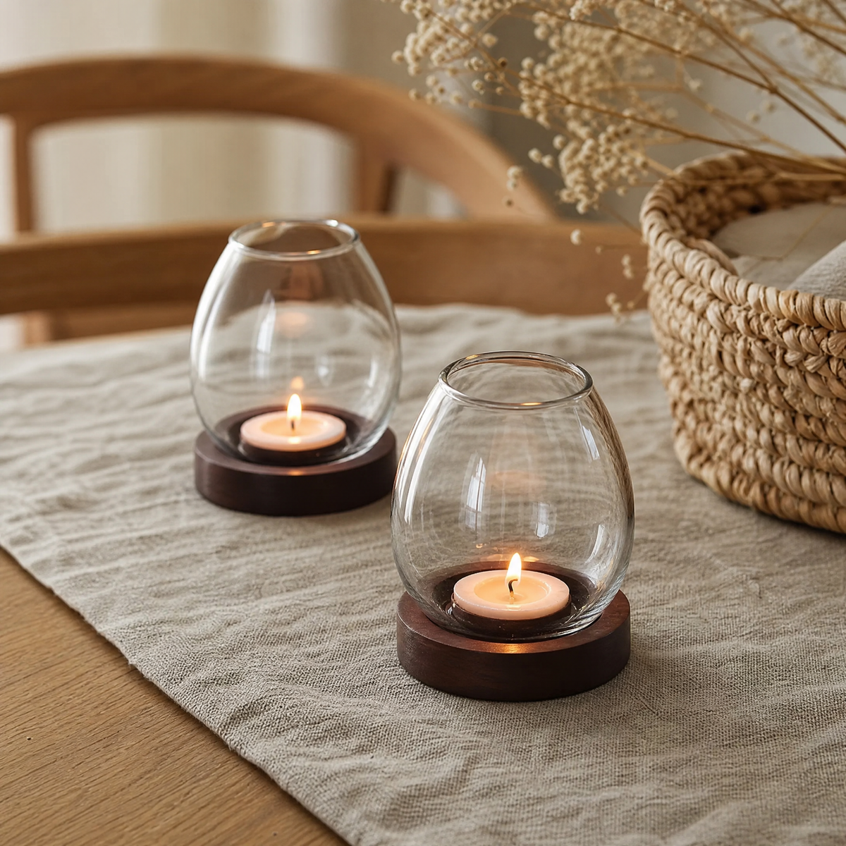 Two Candle Holder Kevin glass domes with lit tealights styled on a linen runner with a woven basket