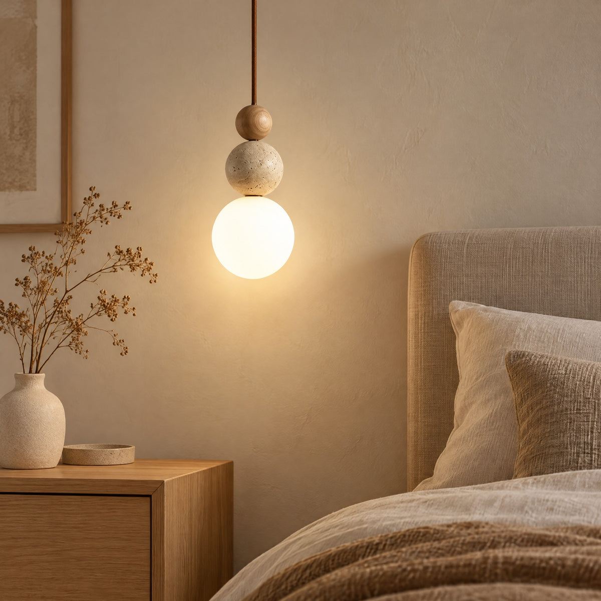 Pendant Light Lenka with travertine and walnut beads glowing beside a bed