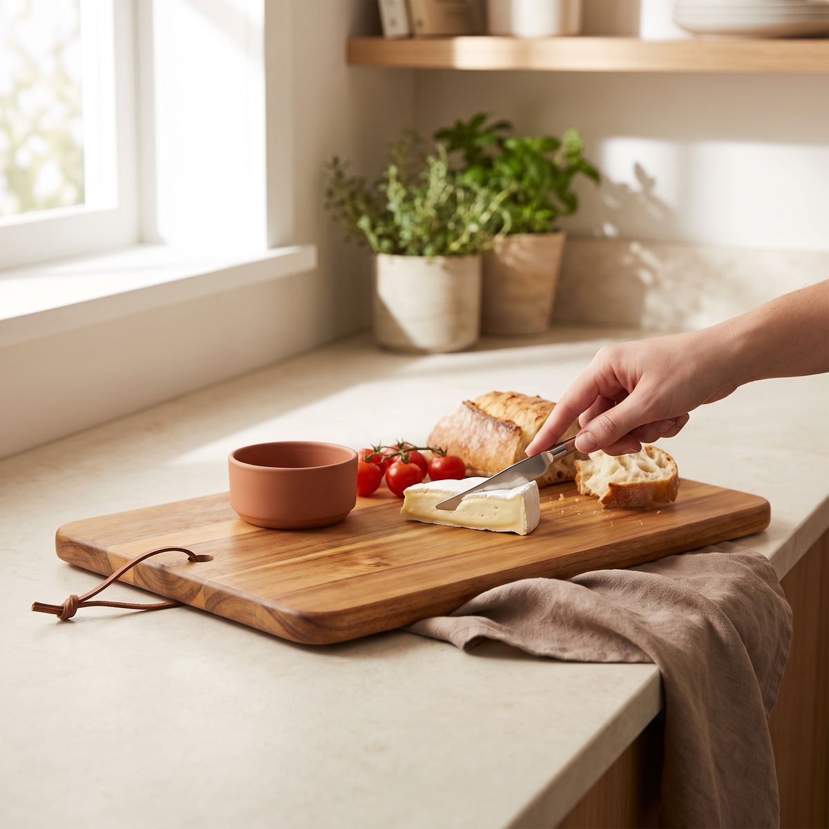 Cutting Board Leo styled on a kitchen counter with sliced cheese and bread