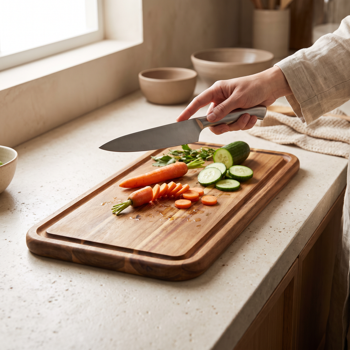 Slicing vegetables on the Cutting Board Leo Grooved Rectangle