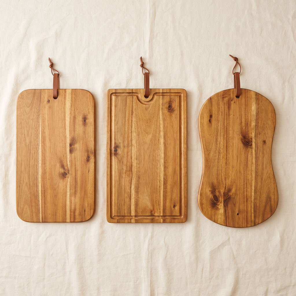 Cutting Board Leo in all three styles: Classic Rectangle, Grooved Rectangle, and Organic Curve