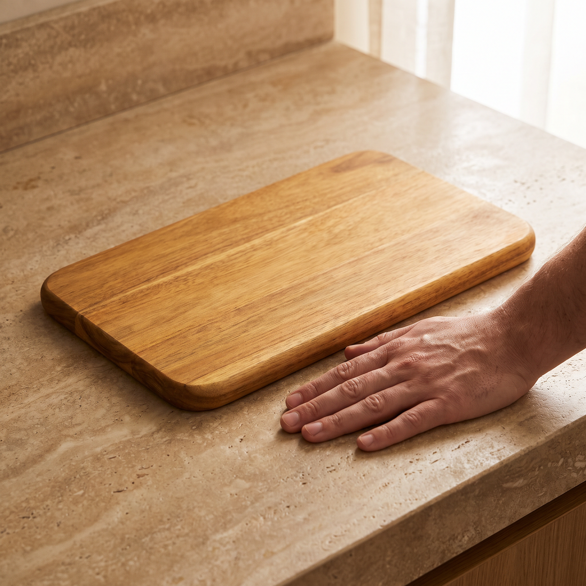 Cutting Board Leo shown next to a hand for real-world size reference