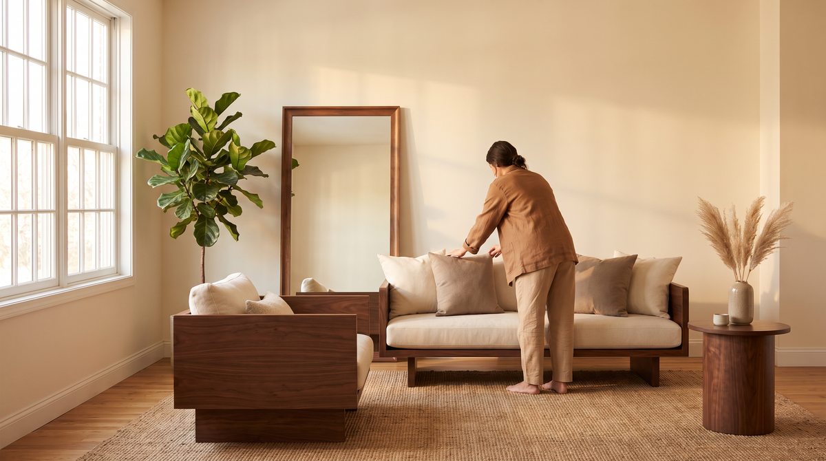 Lipa hero — warm, spacious first-apartment living room with soft morning light