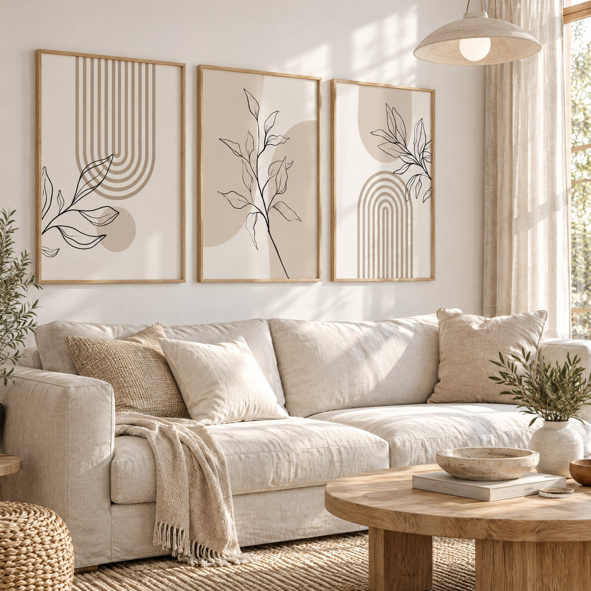 Wall Art Alex set of three arch and leaf line-art prints styled in oak frames above a sofa