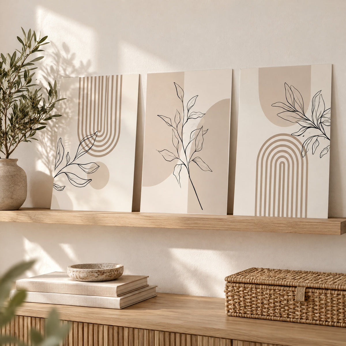 Wall Art Alex three unframed prints leaning on a picture ledge