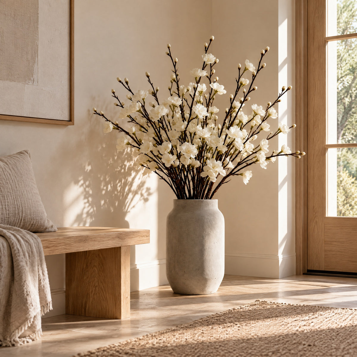 Blossom Stems Diana ivory blossom branches in a stoneware floor vase in an entryway