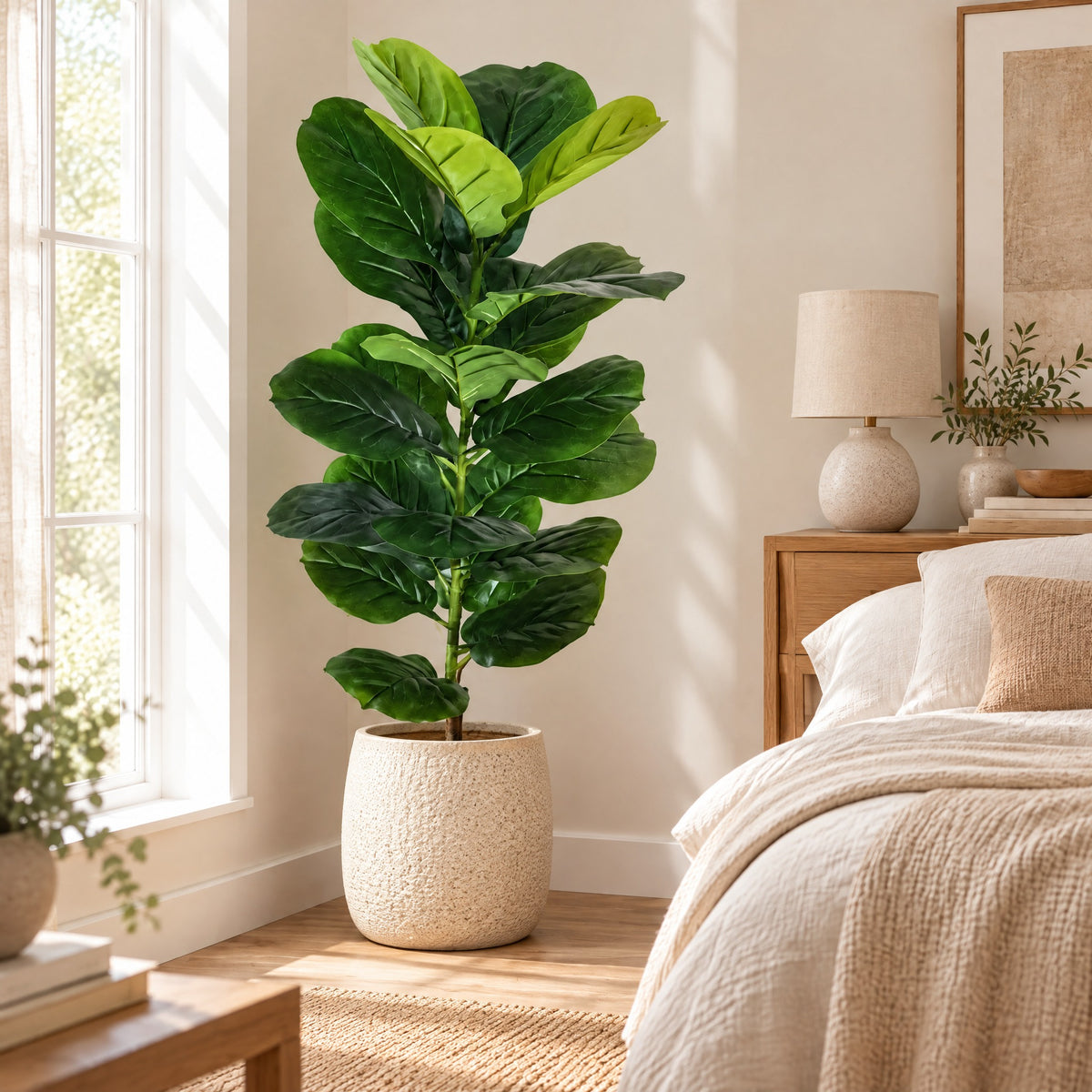 Fig Tree Tereza artificial fiddle-leaf fig in a cream pot in a bedroom corner