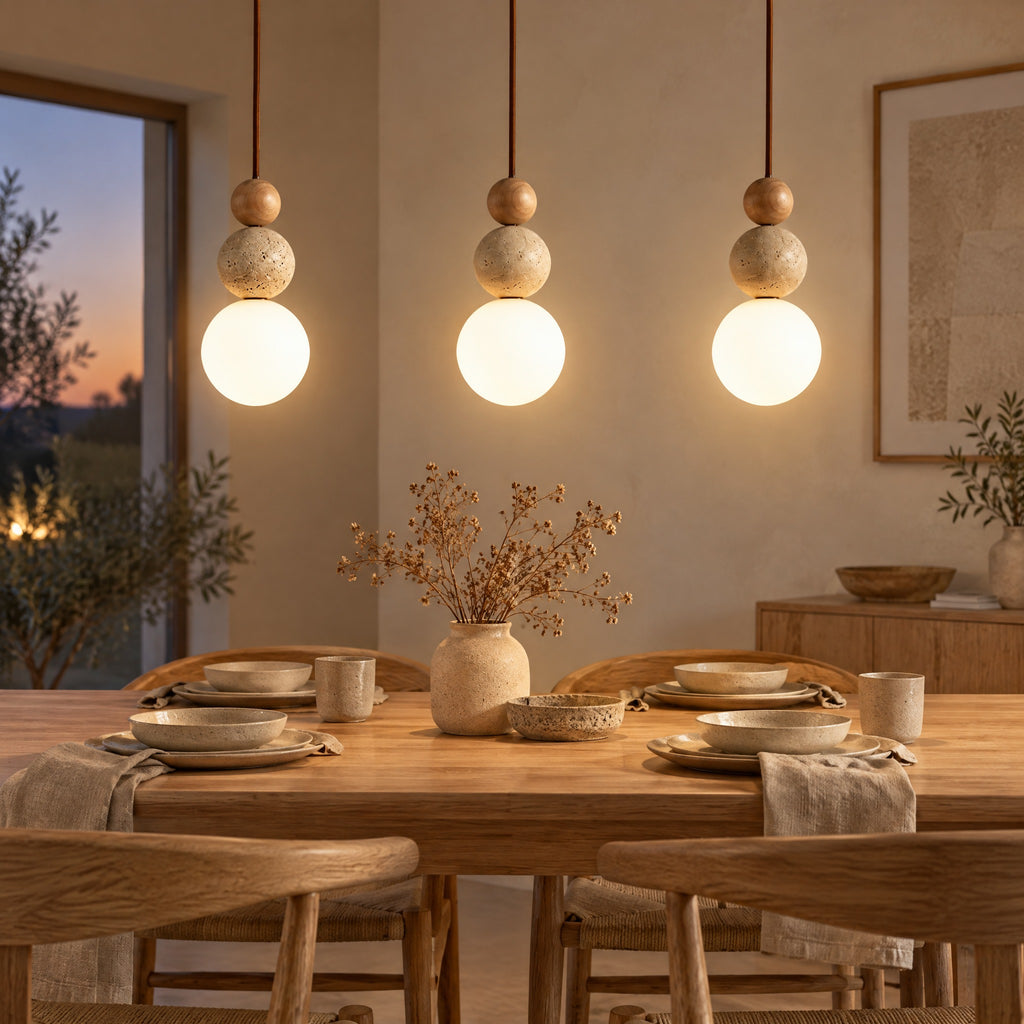 Three Pendant Lights Lenka hanging over an oak dining table