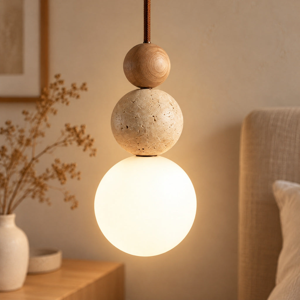 Pendant Light Lenka close-up of the wood bead, travertine bead and opal glass globe