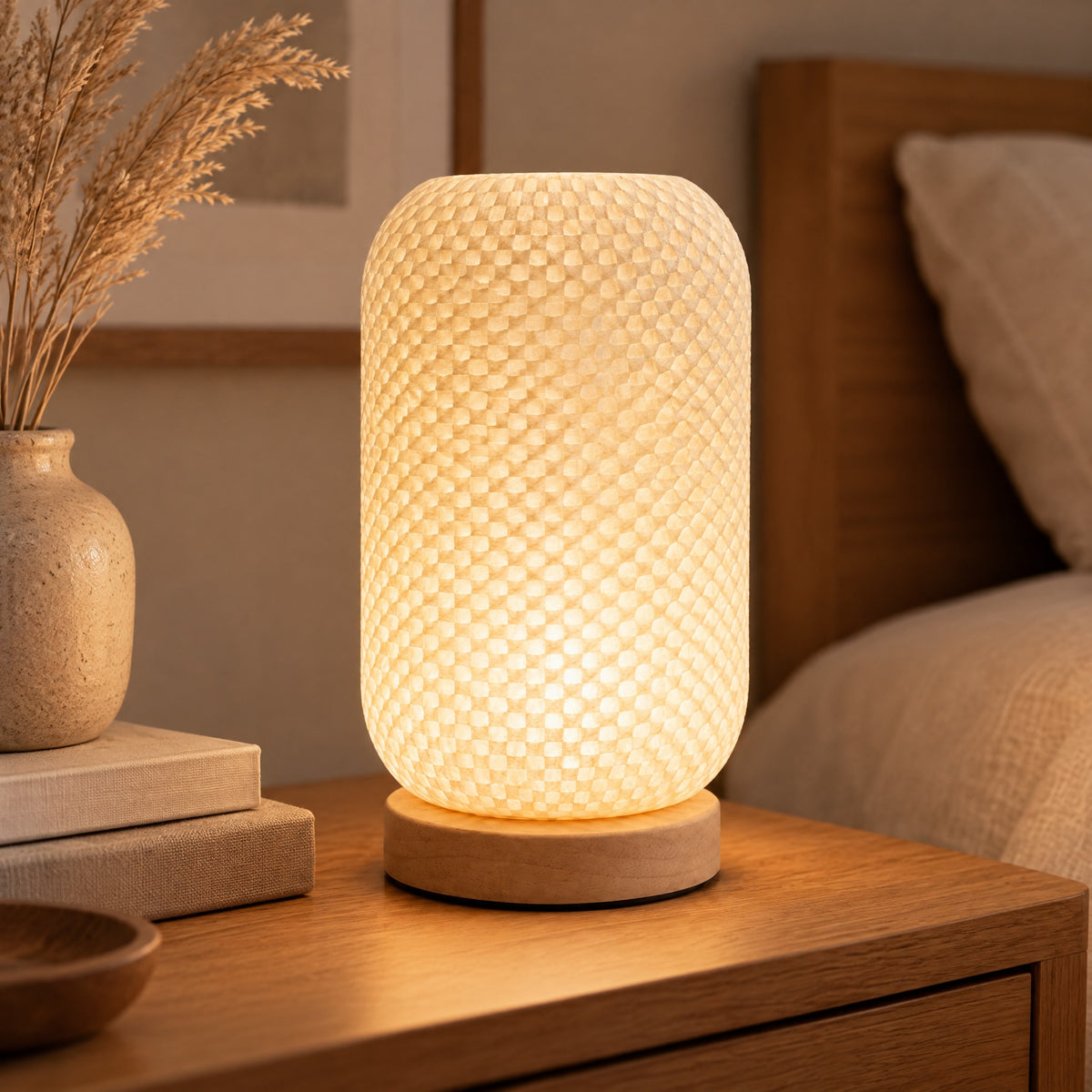 Lamp Lukáš close-up of the woven-texture lantern shade glowing on a wood base