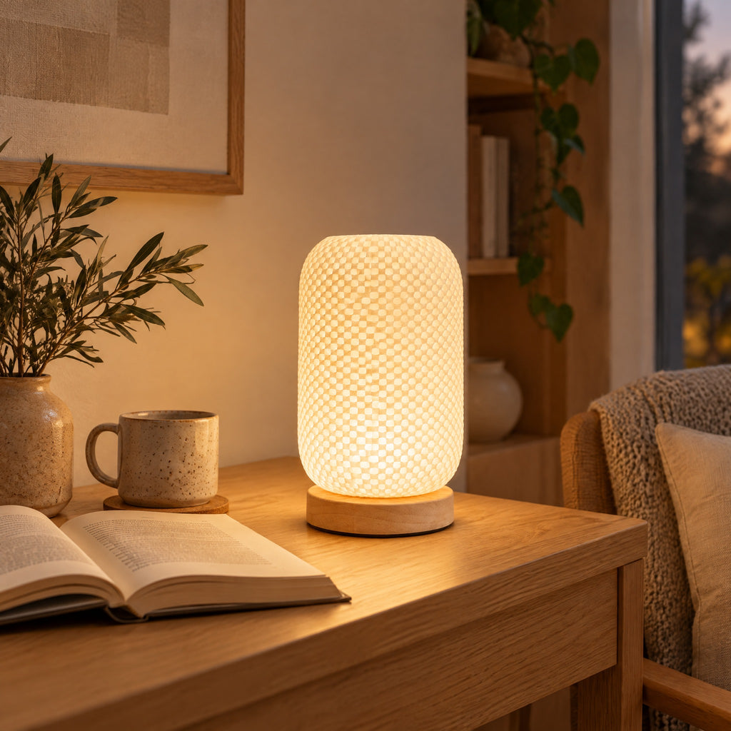 Lamp Lukáš lantern table lamp on an oak desk in a reading corner