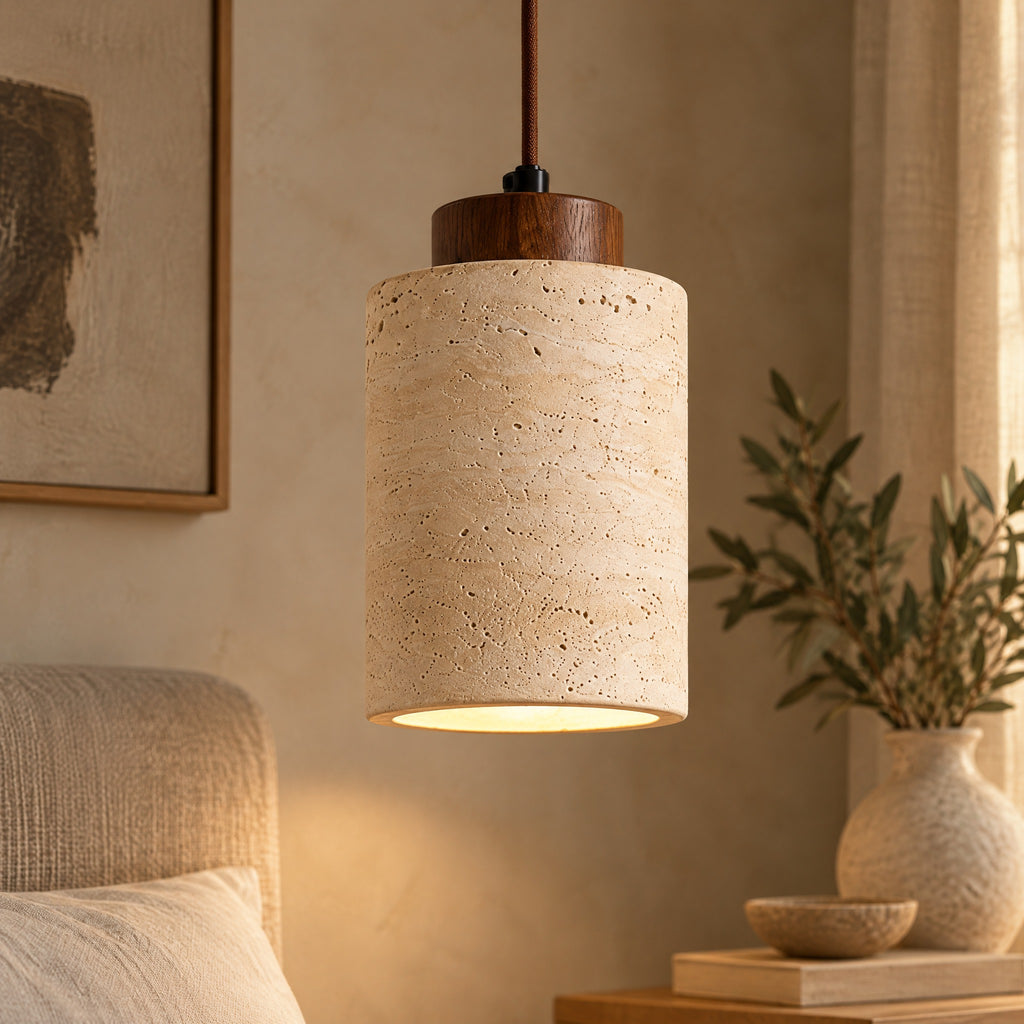 Pendant Light Tibor close-up of the travertine shade and walnut cap